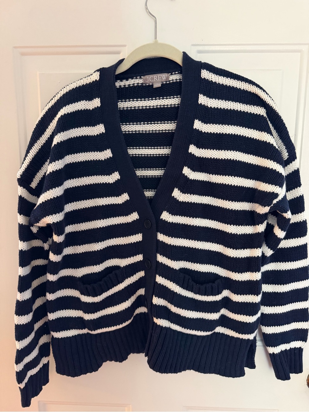 J. Crew Navy and White Striped Cotton Cardigan